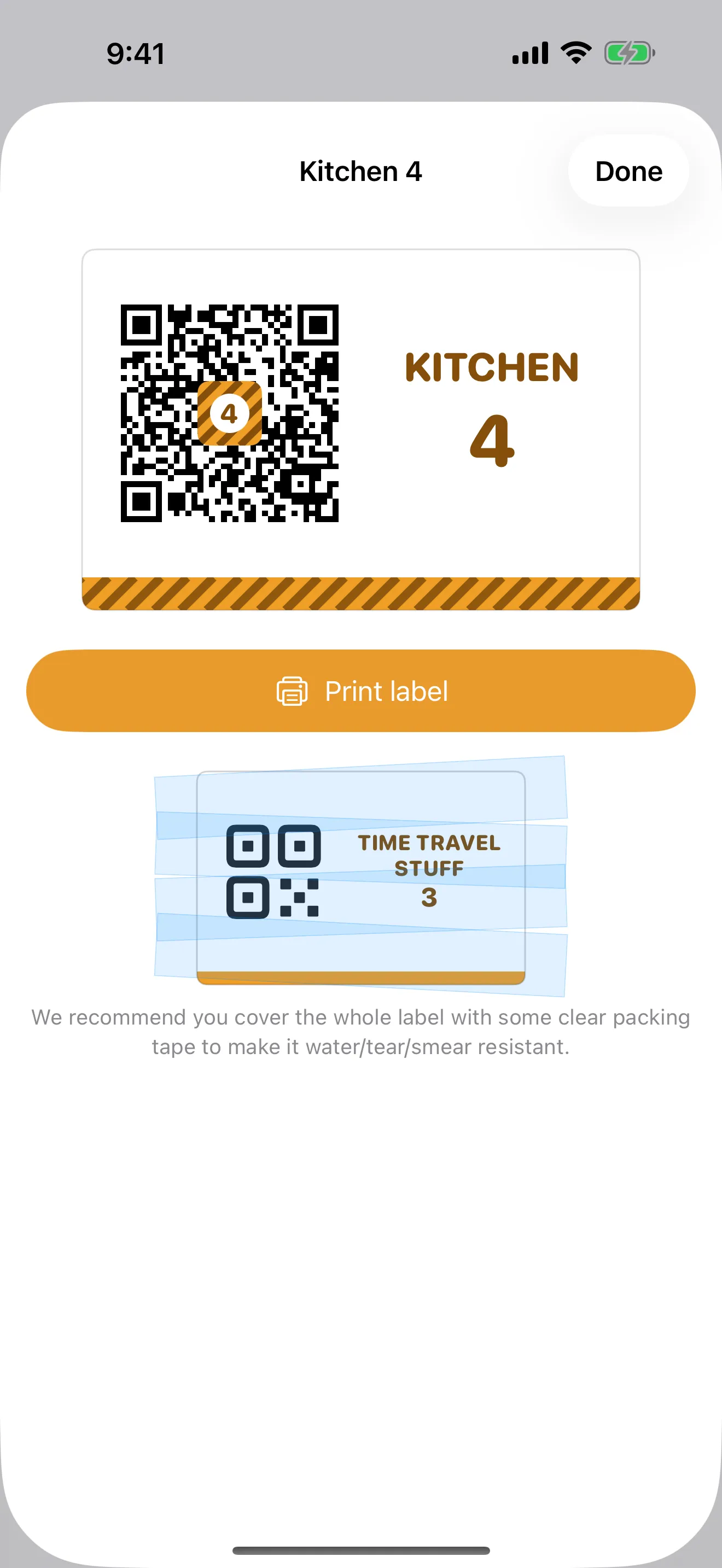 Packmap’s print-label screen with a QR code and a color-coded room badge