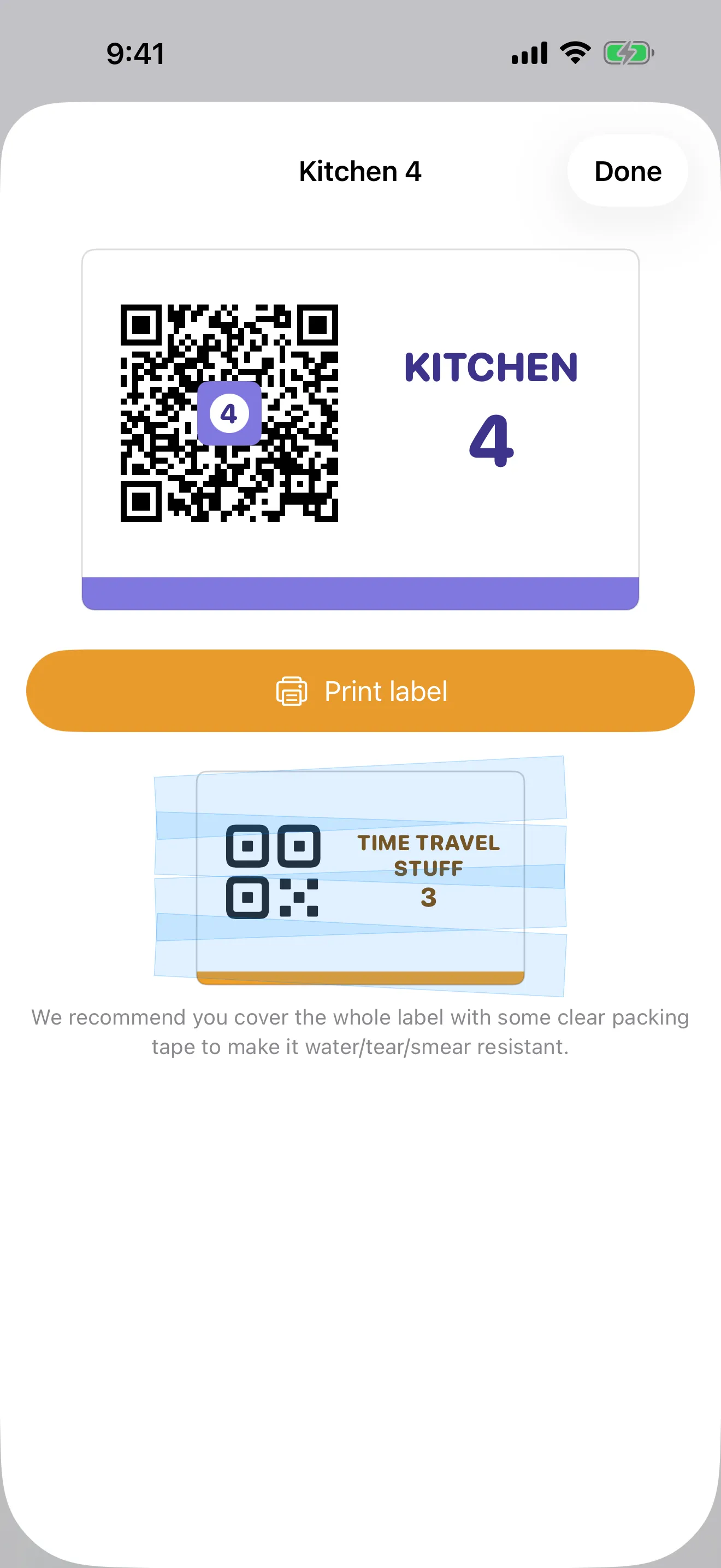 Packmap’s print-label screen with a QR code and a color-coded room badge