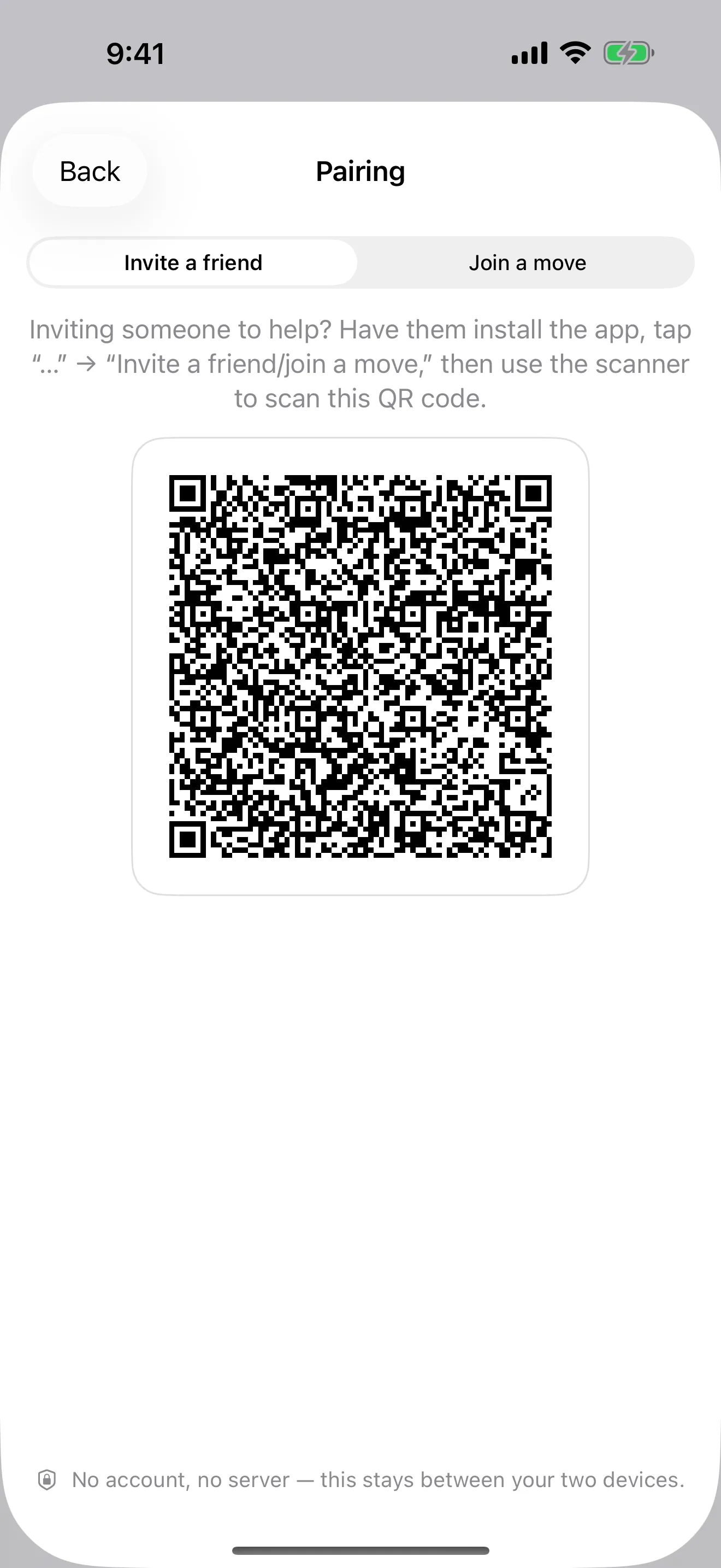 Packmap’s pairing screen showing the invite QR code a partner scans
