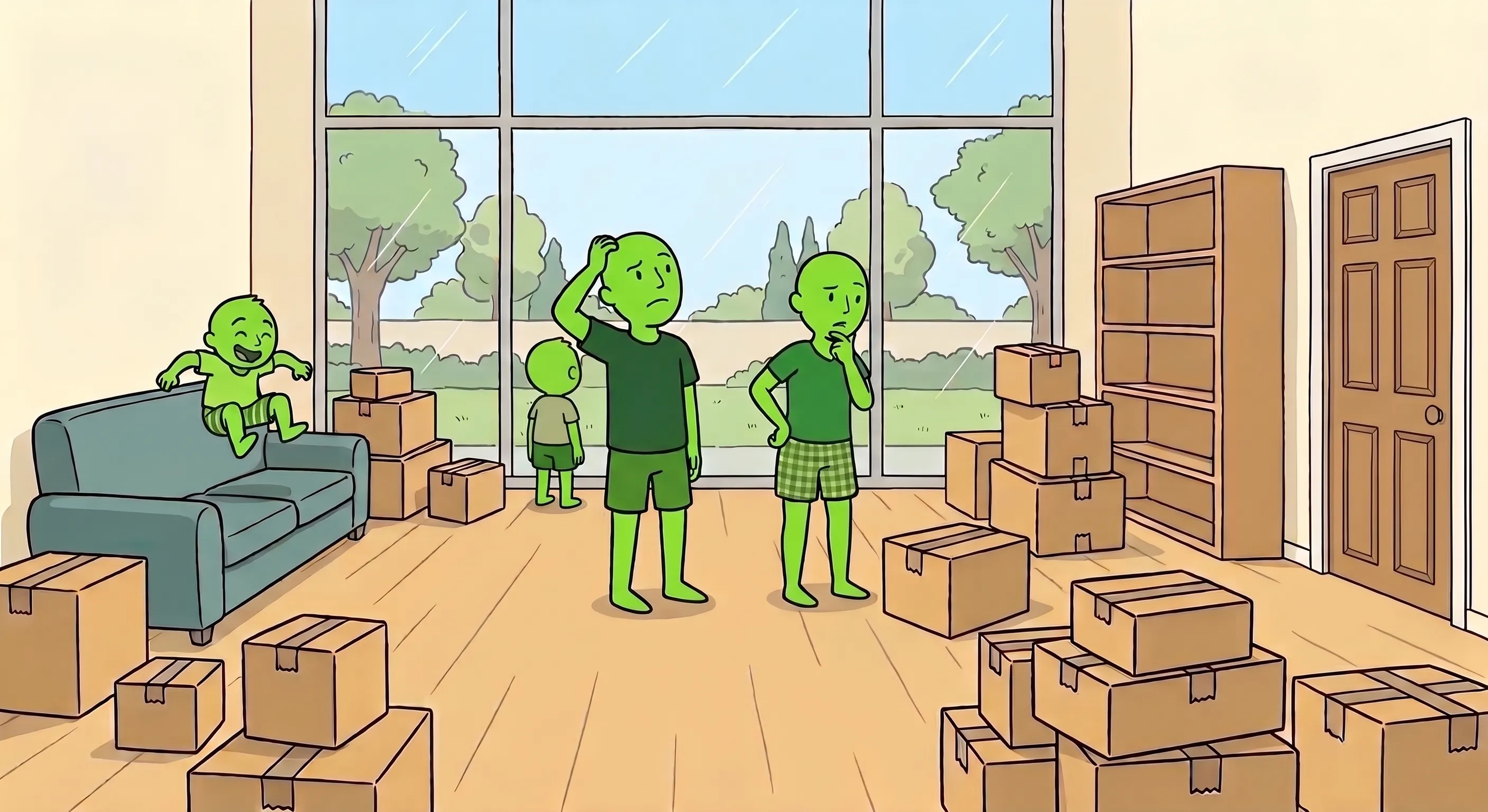 A family standing in their new home surrounded by unlabeled boxes