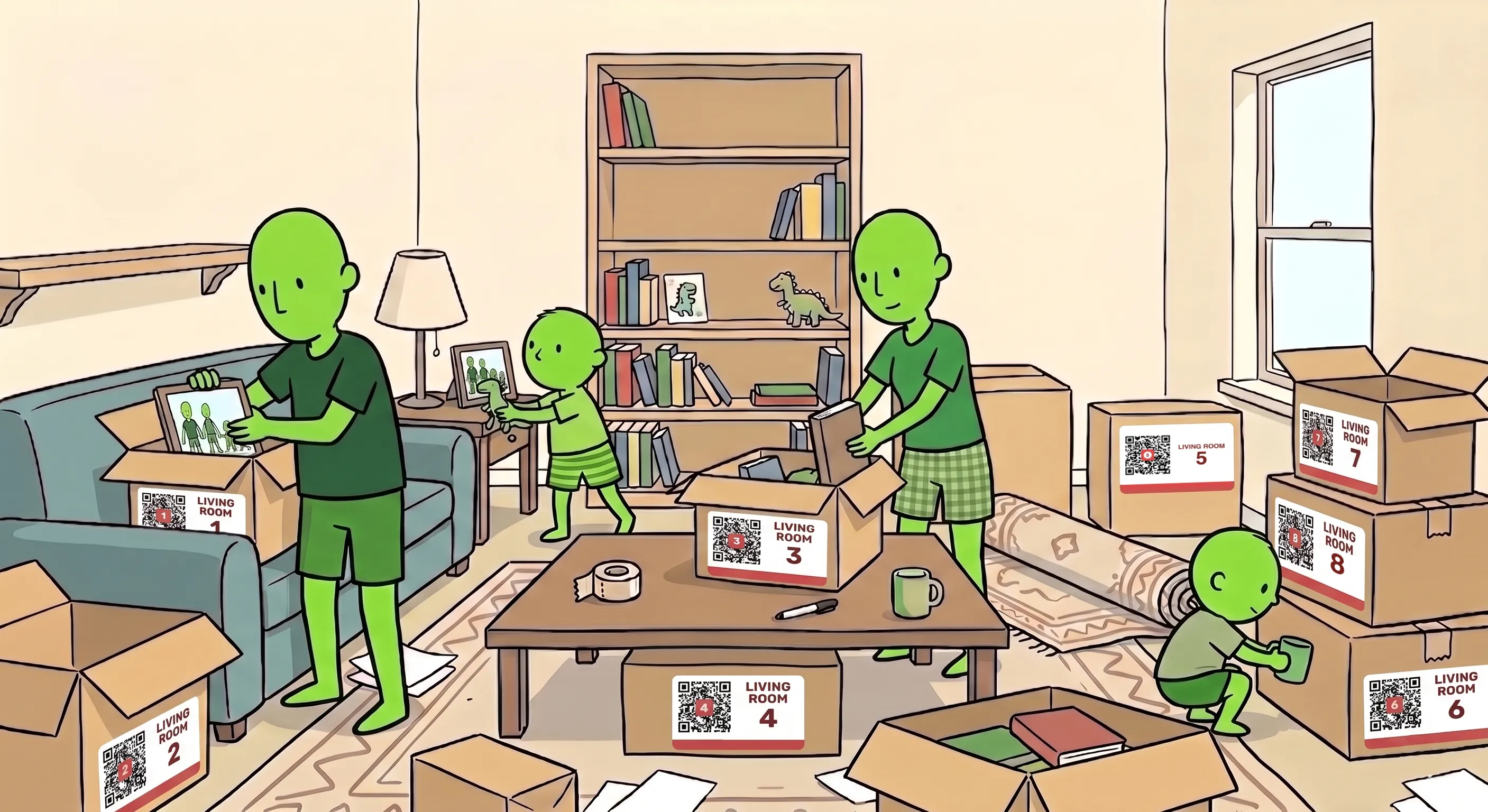 The same family packing, now with numbered, color-coded labels on every box