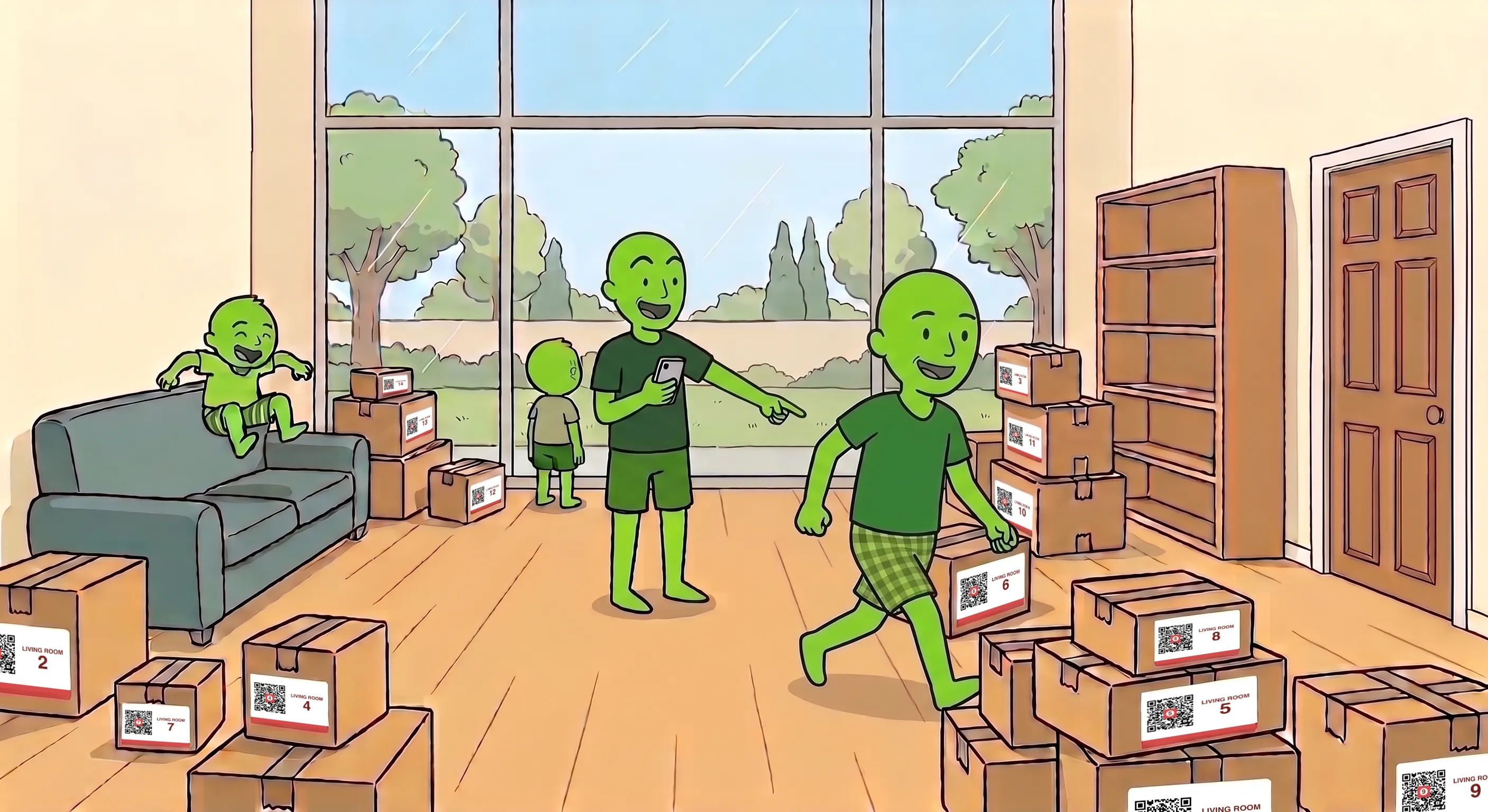 The family in their new home easily finding what they need from labeled boxes